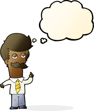 Çizgi filmdeki bıyıklı adam bir insan tarafından çizilmiş düşünce balonuyla anlatıyor.