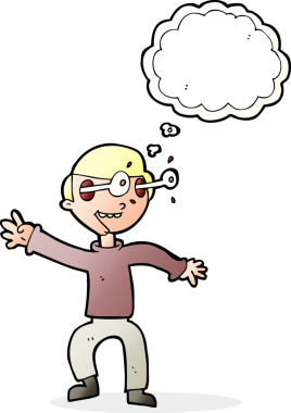 Bir insan tarafından çizilmiş düşünce baloncuğu olan bir çocuk.