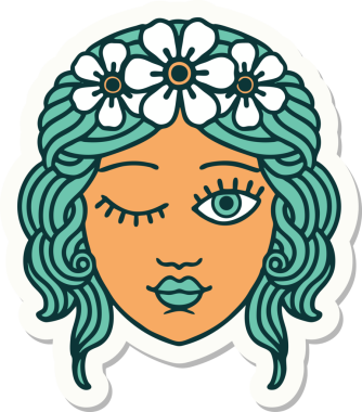 Geleneksel stil dövme çıkartması. Bir insan tarafından çizilmiş yüzü olan bakireler.