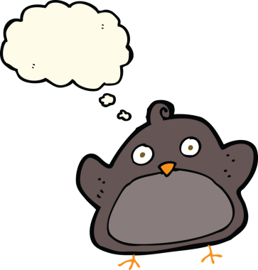 Bir insan tarafından çizilmiş düşünce baloncuklu çizgi film kuşu.