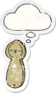 Düşünce baloncuklu çizgi film kaşığı insan tarafından çizilmiş yıpranmış bir çıkartma gibi.