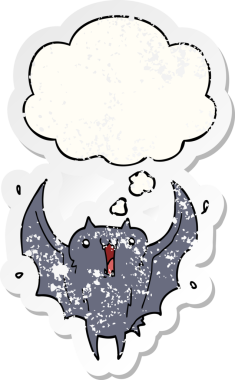 Düşünce baloncuğu olan mutlu vampir yarasa çizgi filmi bir insan tarafından çizilmiş yıpranmış bir çıkartma.