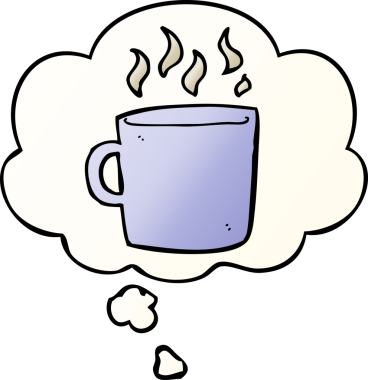 Bir insan tarafından çizilmiş yumuşak eğimli düşünce baloncuklu sıcak kahve.