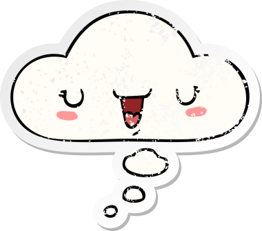 Düşünce baloncuklu sevimli mutlu yüz karikatürü bir insan tarafından çizilmiş yıpranmış bir çıkartma gibi.