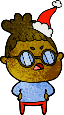 Bir insan tarafından çizilmiş Noel Baba şapkası giymiş rahatsız bir kadının el çizimi karikatürü.