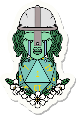 Ağlayan bir Ork savaşçı karakterinin çıkartması. Bir insan tarafından çizilmiş doğal bir D20 rulosu var.