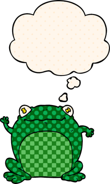 Çizgi roman tarzında düşünce baloncuğu olan çizgi film kurbağası.