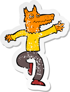 Bir insan tarafından çizilmiş mutlu tilki adam çizgi filminin kederli retro yapıştırması.