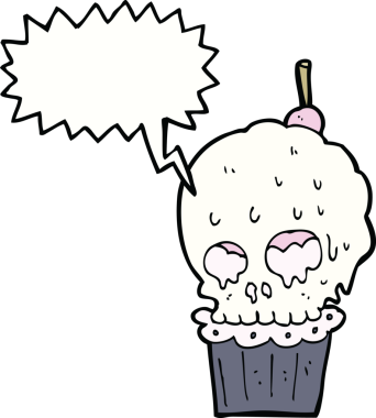 Bir insan tarafından çizilmiş konuşma baloncuklu ürkütücü kafatası keki.