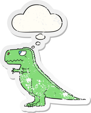 Düşünce baloncuğu olan karikatür dinozoru bir insan tarafından çizilmiş yıpranmış bir çıkartma.