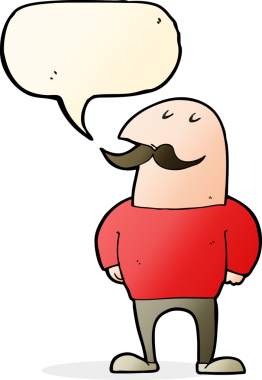 bir insan tarafından çizilmiş konuşma balonlu bıyıklı kel bir adam.