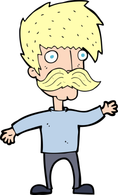 Bir insan tarafından çizilmiş bıyıklı bir çizgi film adamı.