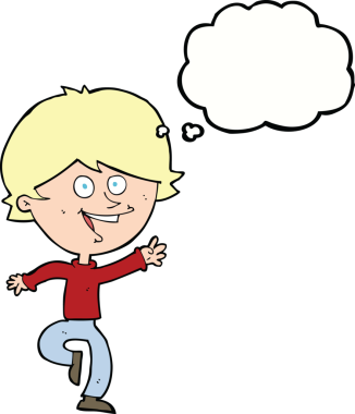 Bir insan tarafından çizilmiş düşünce baloncuğu olan mutlu, el sallayan çocuk.