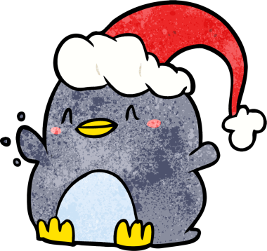 Bir insan tarafından çizilmiş noel şapkası giyen penguen çizgi filmi.