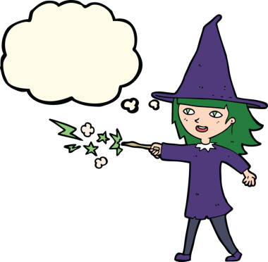 Karikatür cadısı bir insan tarafından çizilmiş düşünce balonuyla büyü yapıyor.