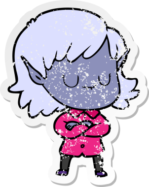 Bir insan tarafından çizilmiş mutlu bir elf kızının sıkıntılı çıkartması.