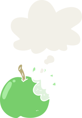 insan tarafından çizilmiş, düşünce baloncuklu karikatür ısırılmış elma.