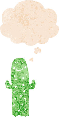 Düşünce baloncuğu olan çizgi film kaktüsleri bir insan tarafından çizilmiş dertli retro desenli.