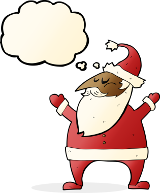 Bir insan tarafından çizilmiş düşünce baloncuklu Noel Baba çizgi filmi.