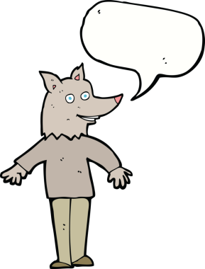 Bir insan tarafından çizilmiş konuşma balonu olan mutlu bir kurt adam.