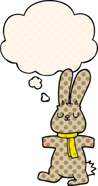 Çizgi roman tarzında bir insan tarafından çizilmiş düşünce kabarcığı olan çizgi film tavşanı.