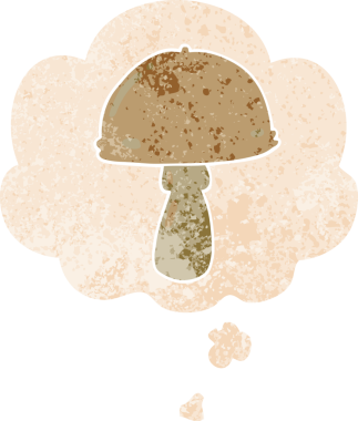 Düşünce baloncuklu çizgi film mantarı grunge sıkıntılı retro desen bir insan tarafından çizilmiş