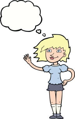 Bir insan tarafından çizilmiş düşünce baloncuğuyla el sallayan çizgi film kadını.