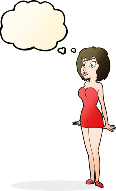 Bir insan tarafından çizilmiş düşünce balonlu kısa elbiseli bir karikatür.