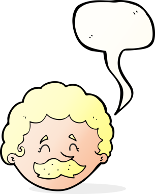 Bir insan tarafından çizilmiş konuşma balonlu bıyıklı bir çizgi film adamı.