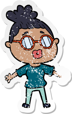 Bir insan tarafından çizilmiş gözlük takan karikatürlü bir kadının sıkıntılı çıkartması.