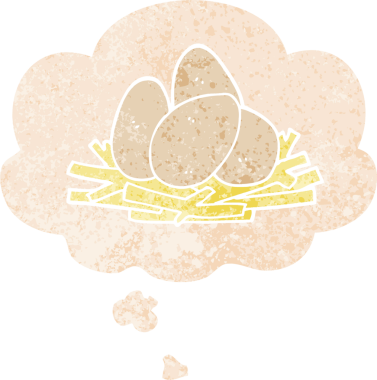 Yuvasında çizgi film yumurtaları ve grunge 'daki düşünce baloncukları bir insan tarafından çizilmiş dertli retro stil.