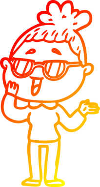 Bir insan tarafından çizilmiş gözlük takan mutlu bir kadının çizgi çizimi.