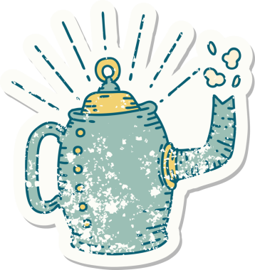 Dövme stili eski bir çıkartma. Bir insan tarafından çizilmiş eski bir kahve demliği.