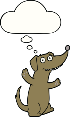 Bir insan tarafından çizilmiş düşünce baloncuklu çizgi film köpeği.