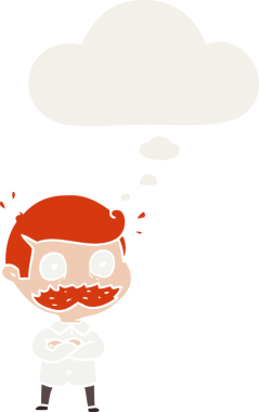 Bıyıklı karikatürist, insan tarafından çizilmiş düşünce baloncuğuyla şok oldu.