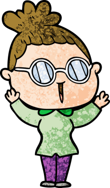 Bir insan tarafından çizilmiş gözlüklü bir karikatür kadın.