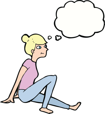 Bir insan tarafından çizilmiş düşünce baloncuğuyla oturan çizgi film kadını.