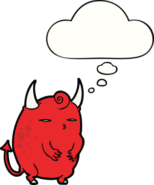 Bir insan tarafından çizilmiş düşünce balonlu cadılar bayramı şeytanı çizgi filmi.