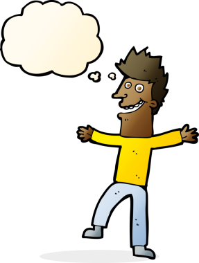 Bir insan tarafından çizilmiş düşünce balonlu mutlu adam çizgi filmi.