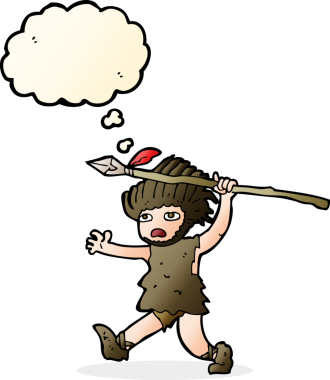 Bir insan tarafından çizilmiş düşünce baloncuğu olan bir mağara adamı.