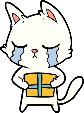 Ağlayan çizgi film kedisi elinde bir insan tarafından çizilmiş Noel hediyesini tutuyor.