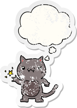 Düşünce balonuyla kaşınan çizgi film kedisi insan tarafından çizilmiş yıpranmış bir çıkartma gibi.