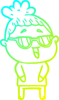 Bir insan tarafından çizilmiş gözlük takan mutlu bir kadının çizgi film çizimi.