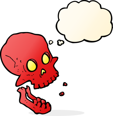 Bir insan tarafından çizilmiş düşünce baloncuklu gülen kafatası.