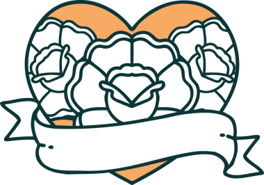 İkonik dövme stili bir kalp ve bir insan tarafından çizilmiş çiçekli pankart.