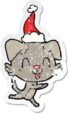 Gülen el, bir insan tarafından çizilmiş Noel Baba şapkası takan bir köpeğin kederli çıkartması.