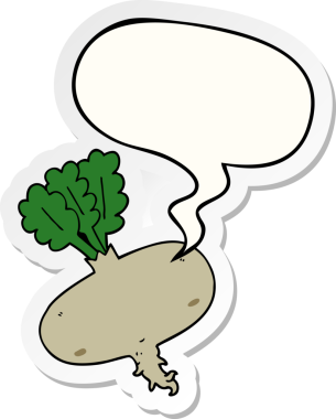 Bir insan tarafından çizilmiş konuşma balonu çıkartmalı pancar kökü.