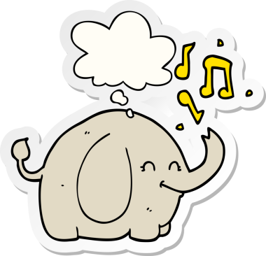 Düşünce baloncuğu olan bir fili insan tarafından çizilmiş bir çıkartma gibi borazan bir çizgi film.