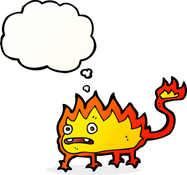 Bir insan tarafından çizilmiş düşünce baloncuğu olan küçük ateş şeytanı.