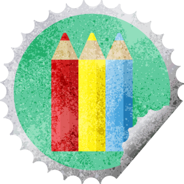 bir insan tarafından çizilmiş renkli kalemler grafik vektör illüstrasyon yuvarlak etiket damgası